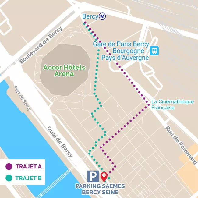 Trajet du métro Bercy au parking autocars Bercy